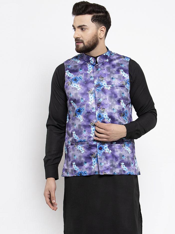 Men's Violet Printed Satin Nehru Jacket ( JOWC 4007 Voilet) - Virat Fashions