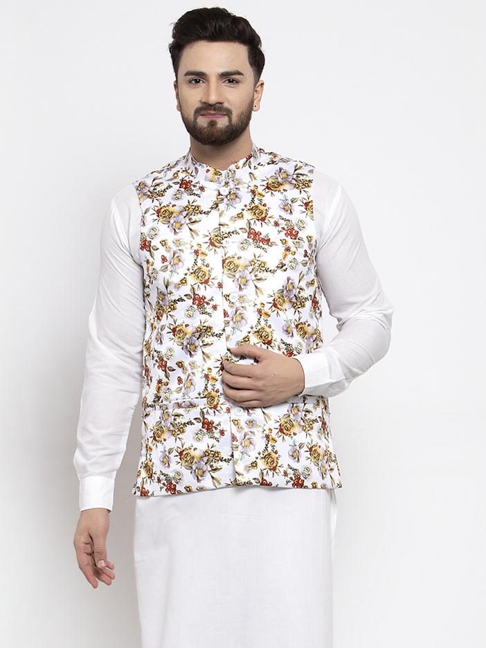 Men's White Printed Satin Nehru Jacket ( JOWC 4007 White) - Virat Fashions
