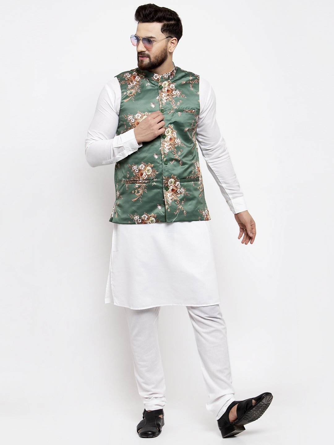 Men's Green & Brown Printed Satin Nehru Jacket ( JOWC 4007 Green) - Virat Fashions