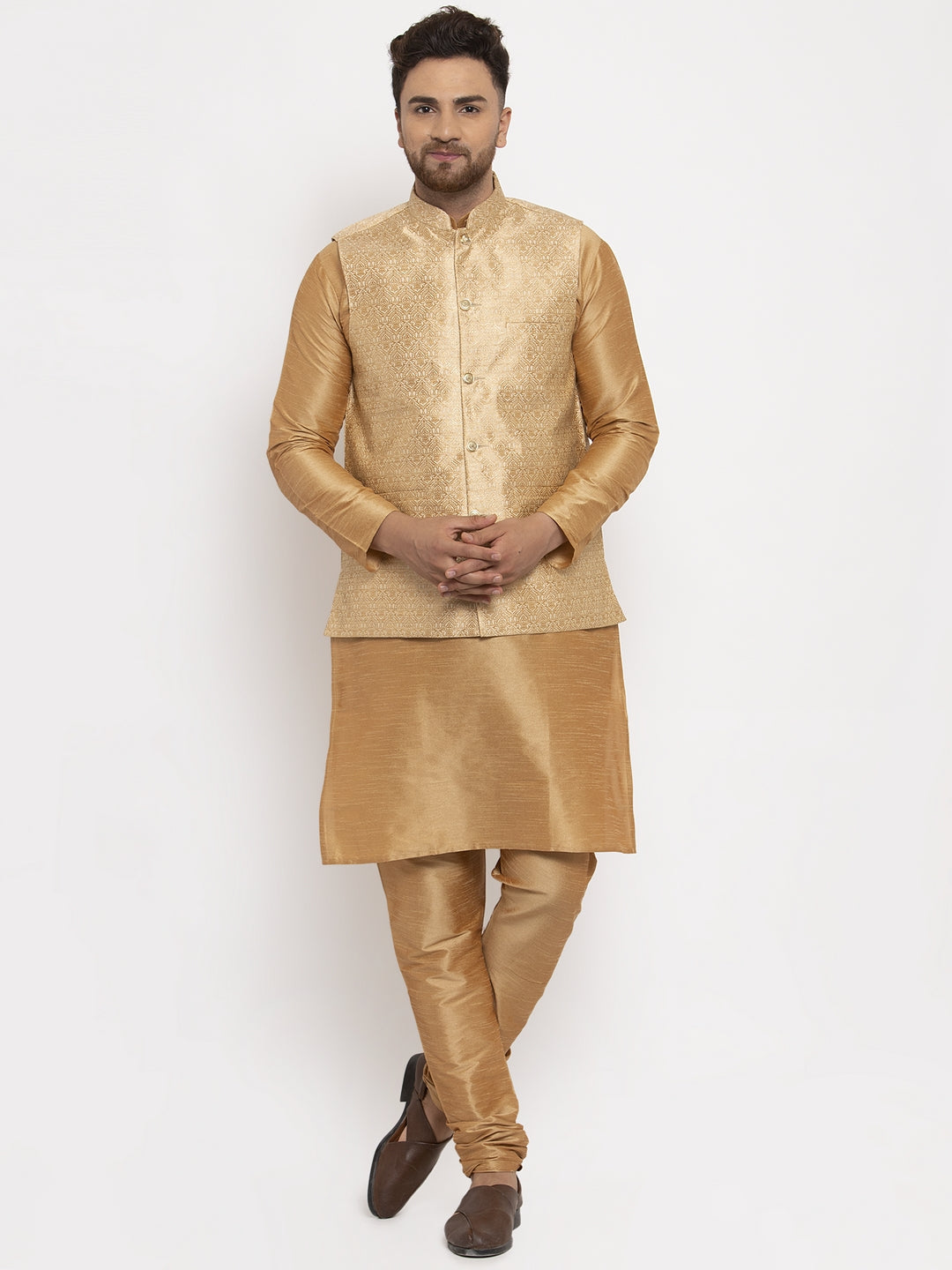 Men's Gold Woven Nehru Jacket ( JOWC 4009Golden ) - Virat Fashions