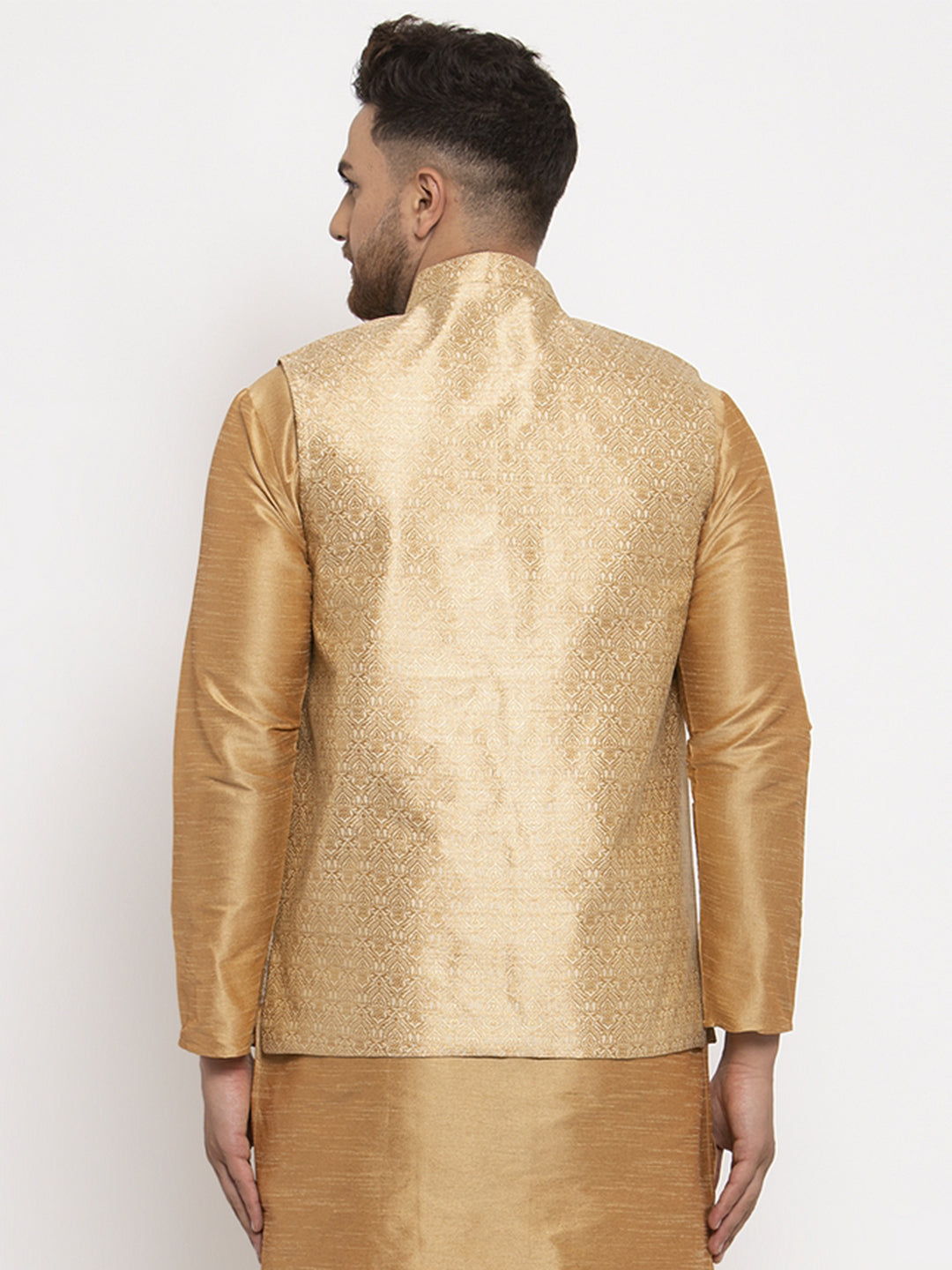 Men's Gold Woven Nehru Jacket ( JOWC 4009Golden ) - Virat Fashions