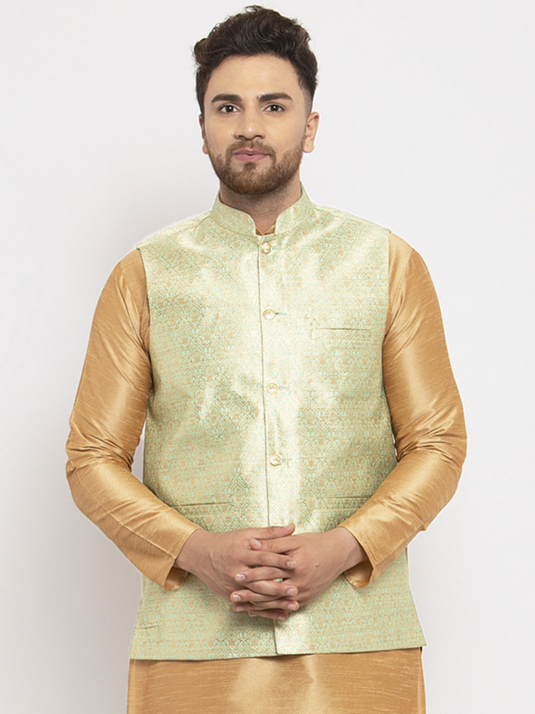 Men's Green Woven Nehru Jacket ( JOWC 4009Lime ) - Virat Fashions