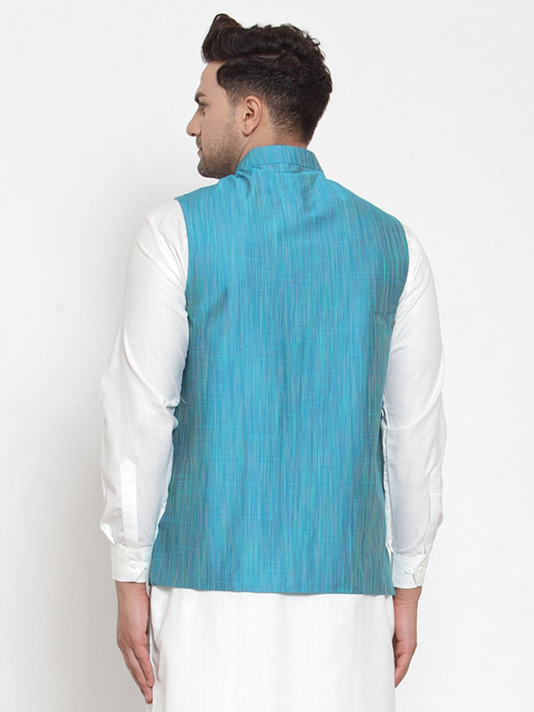 Men's Blue Woven Design Nehru Jacket ( JOWC 4010 Blue ) - Virat Fashions