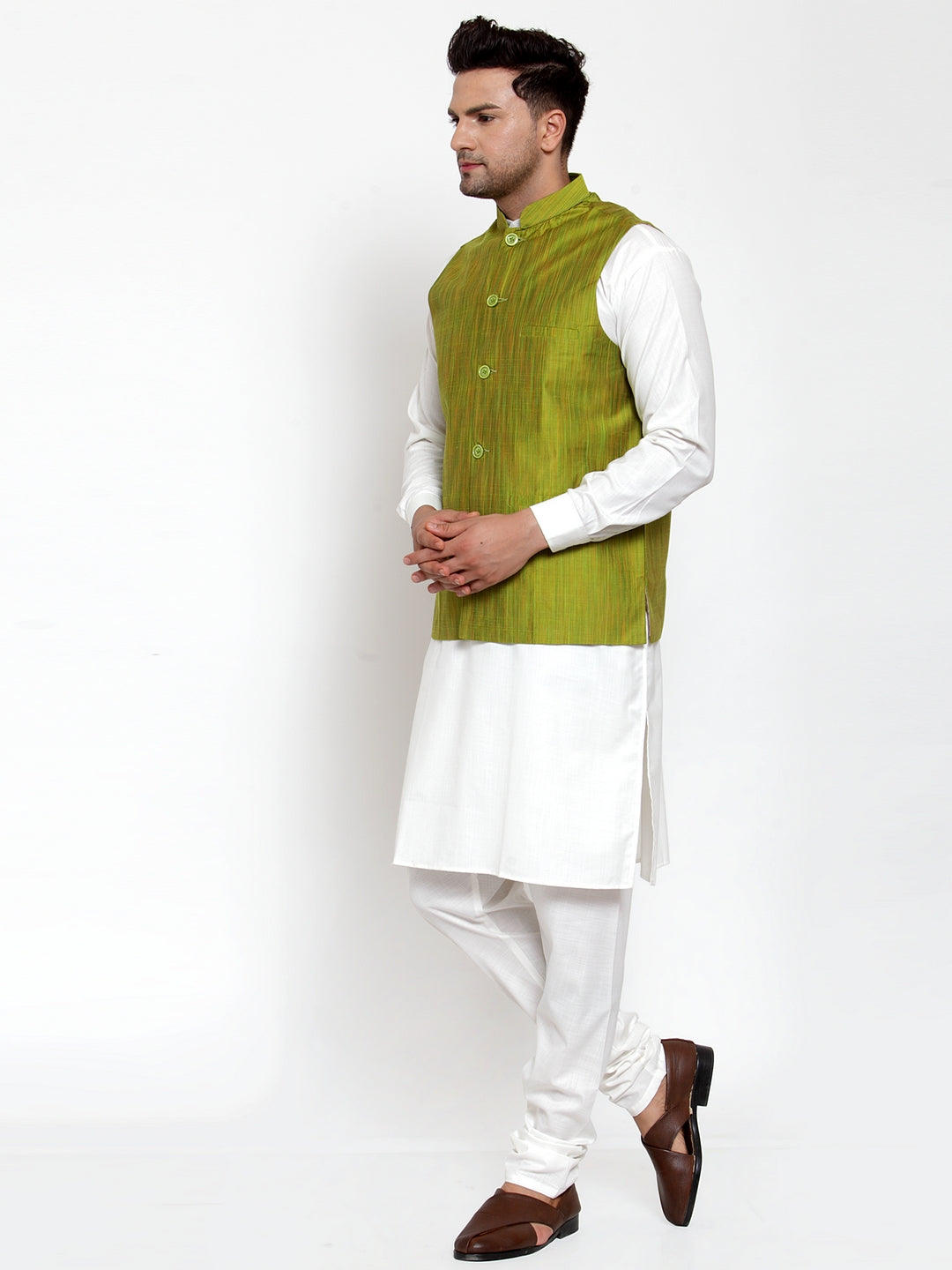 Men's Green Woven Design Nehru Jacket ( JOWC 4010 Green ) - Virat Fashions