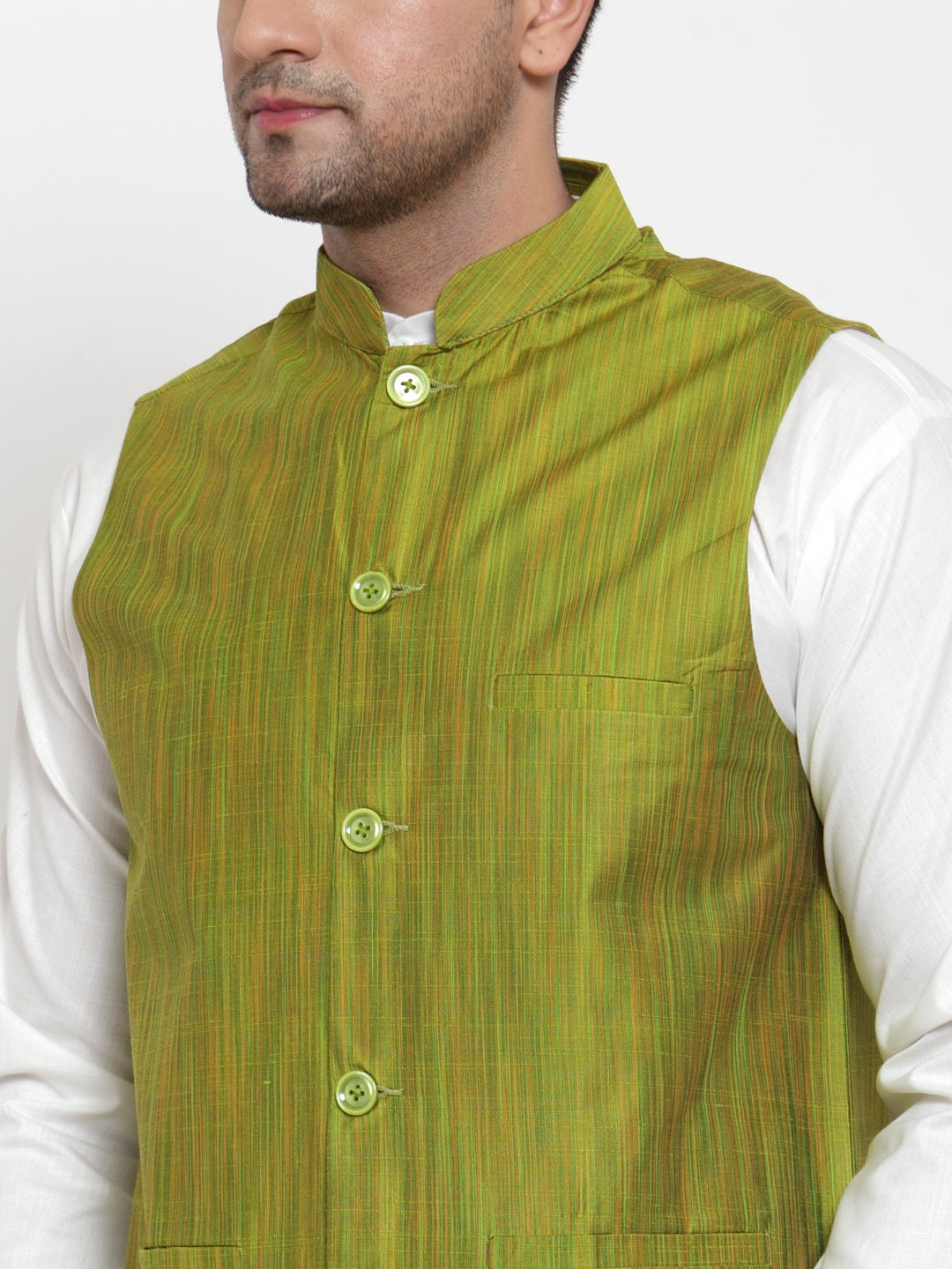 Men's Green Woven Design Nehru Jacket ( JOWC 4010 Green ) - Virat Fashions