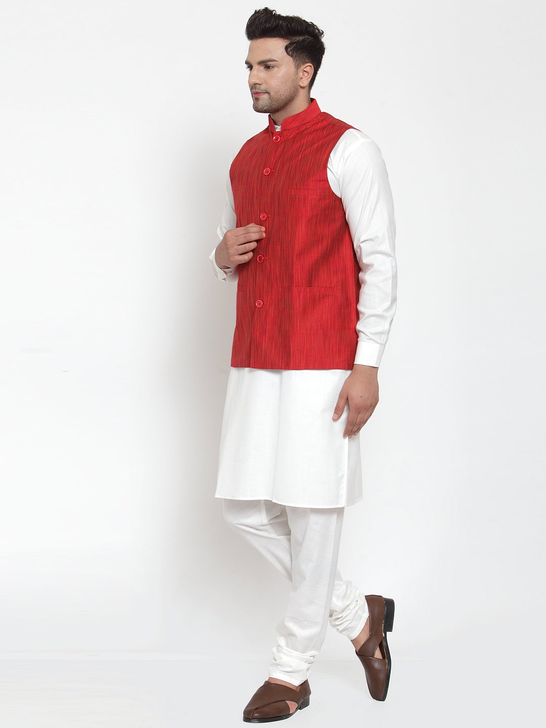 Men's Red Woven Design Nehru Jacket ( JOWC 4010 Red ) - Virat Fashions