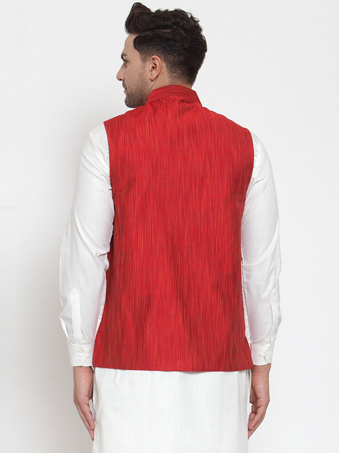 Men's Red Woven Design Nehru Jacket ( JOWC 4010 Red ) - Virat Fashions