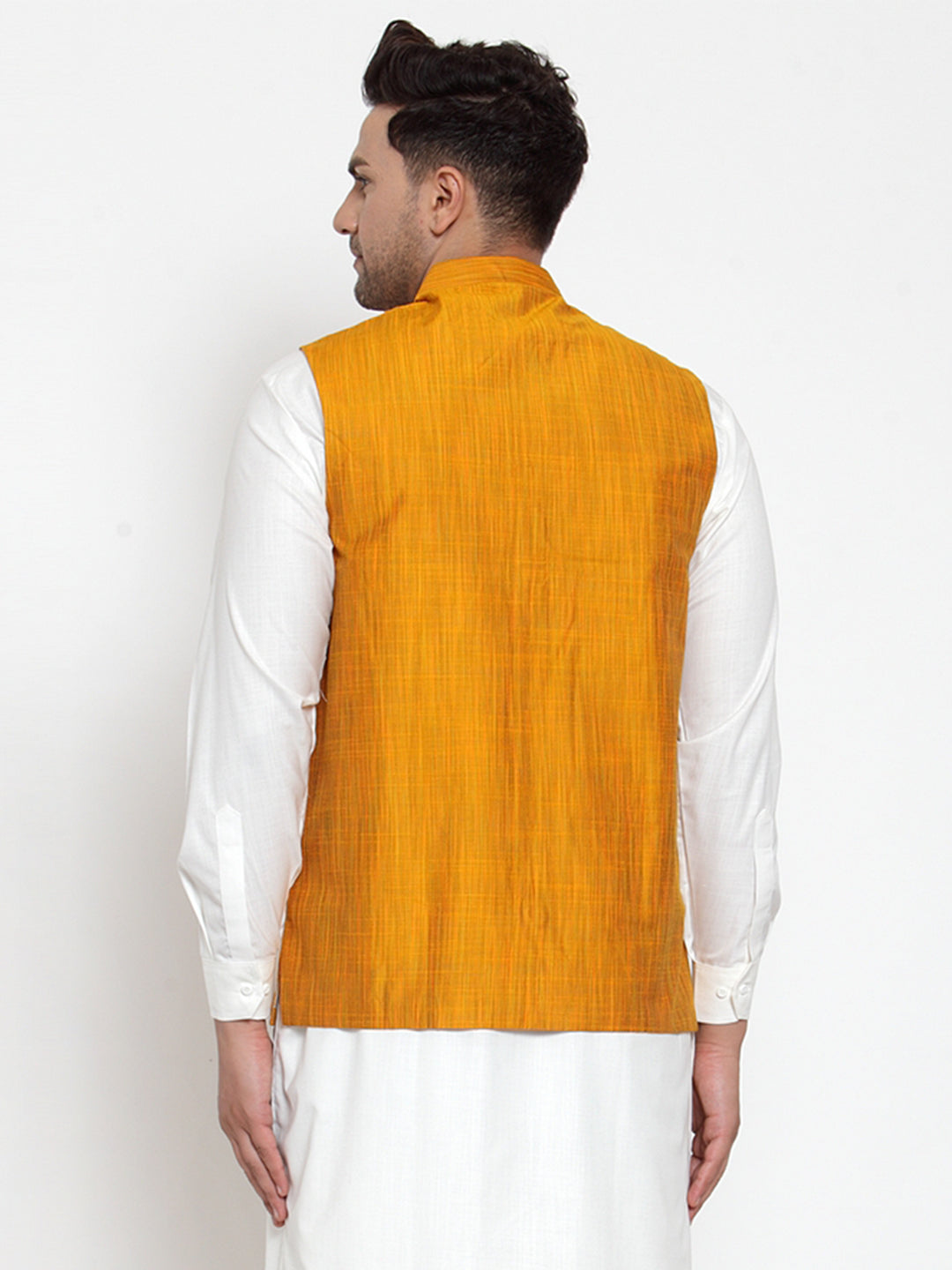 Men's Yellow Woven Design Nehru Jacket ( JOWC 4010 Yellow ) - Virat Fashions