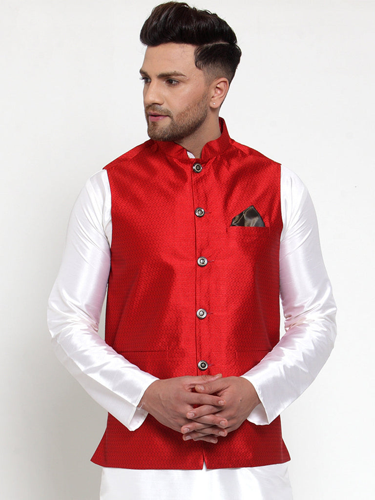 Men's Maroon Woven Jacquard Nehru Jacket ( JOWC 4017Maroon )
