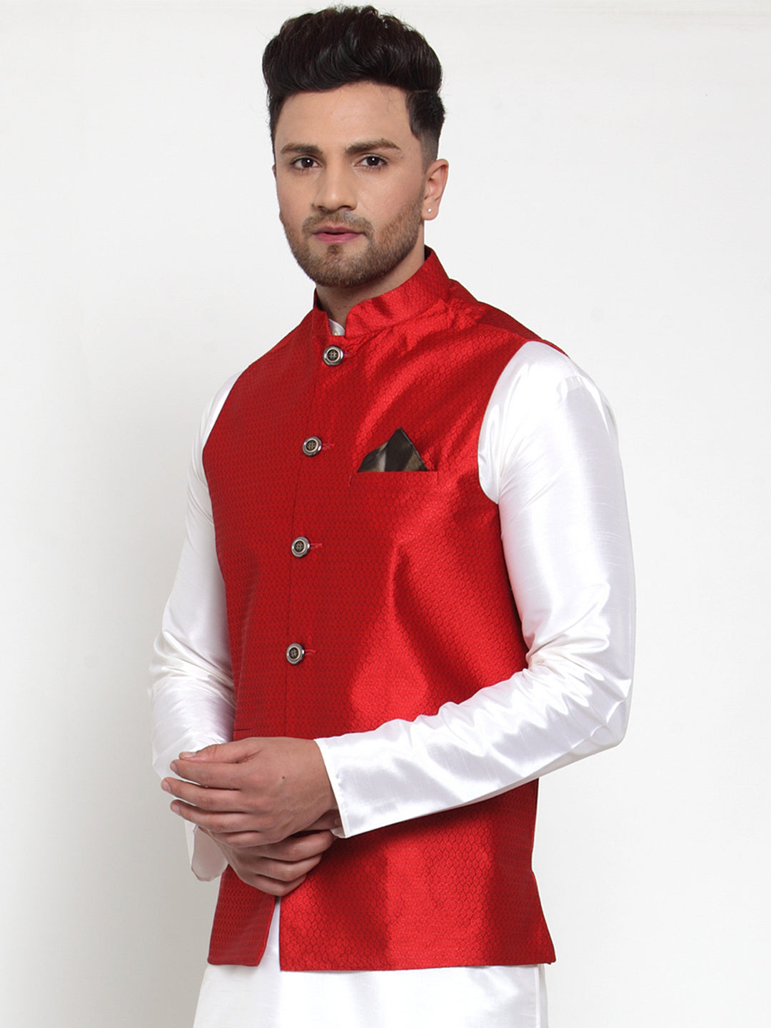 Men's Maroon Woven Jacquard Nehru Jacket ( JOWC 4017Maroon )