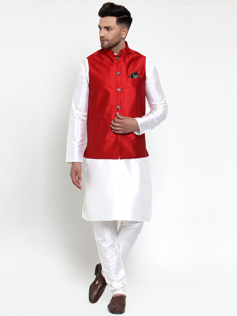 Men's Maroon Woven Jacquard Nehru Jacket ( JOWC 4017Maroon )