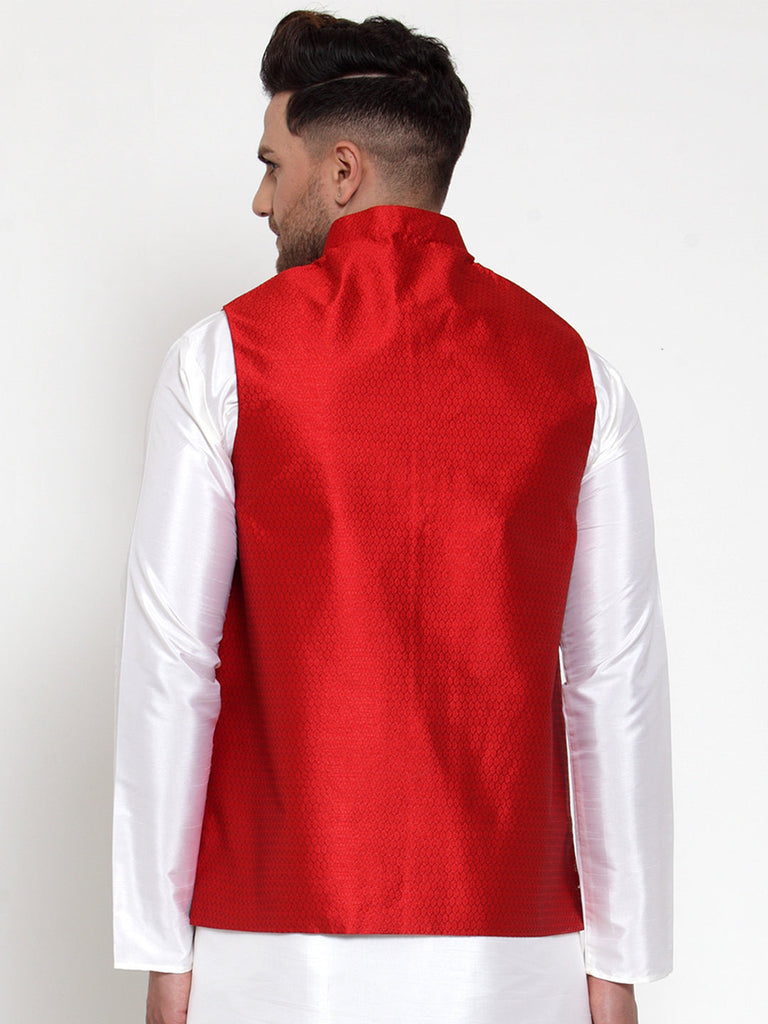 Men's Maroon Woven Jacquard Nehru Jacket ( JOWC 4017Maroon )