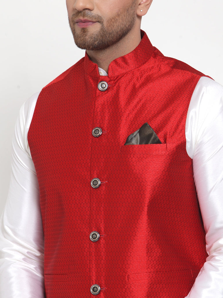 Men's Maroon Woven Jacquard Nehru Jacket ( JOWC 4017Maroon )