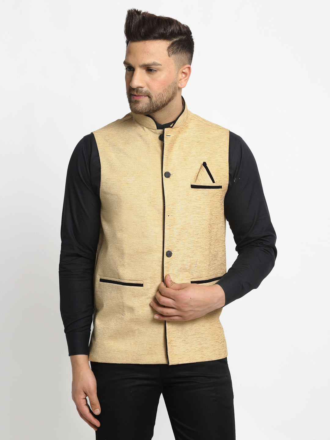 Men's Beige Solid Nehru Jacket with Square Pocket ( JOWC 4024Beige ) - Virat Fashions