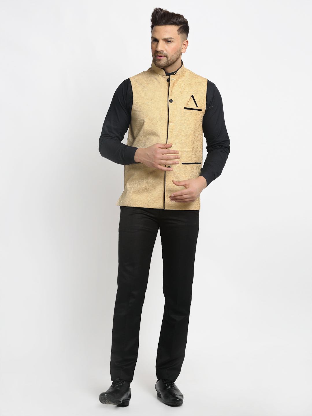 Men's Beige Solid Nehru Jacket with Square Pocket ( JOWC 4024Beige ) - Virat Fashions
