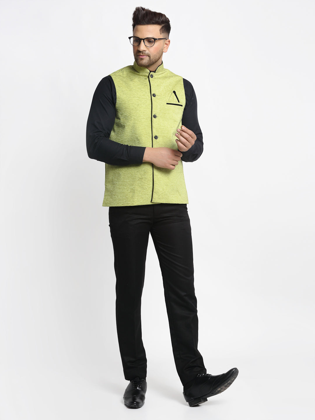 Men's Green Solid Nehru Jacket with Square Pocket ( JOWC 4024Green ) - Virat Fashions