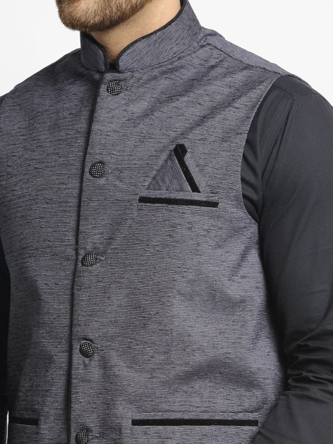 Men's Grey Solid Nehru Jacket with Square Pocket ( JOWC 4024Grey ) - Virat Fashions