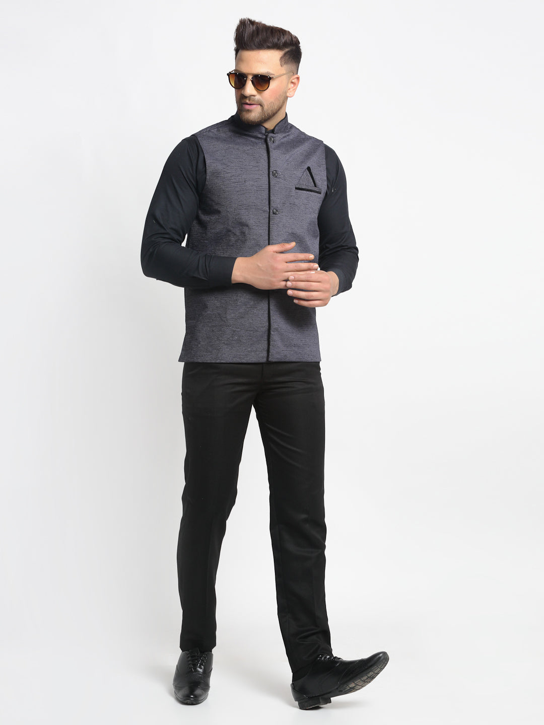 Men's Grey Solid Nehru Jacket with Square Pocket ( JOWC 4024Grey ) - Virat Fashions