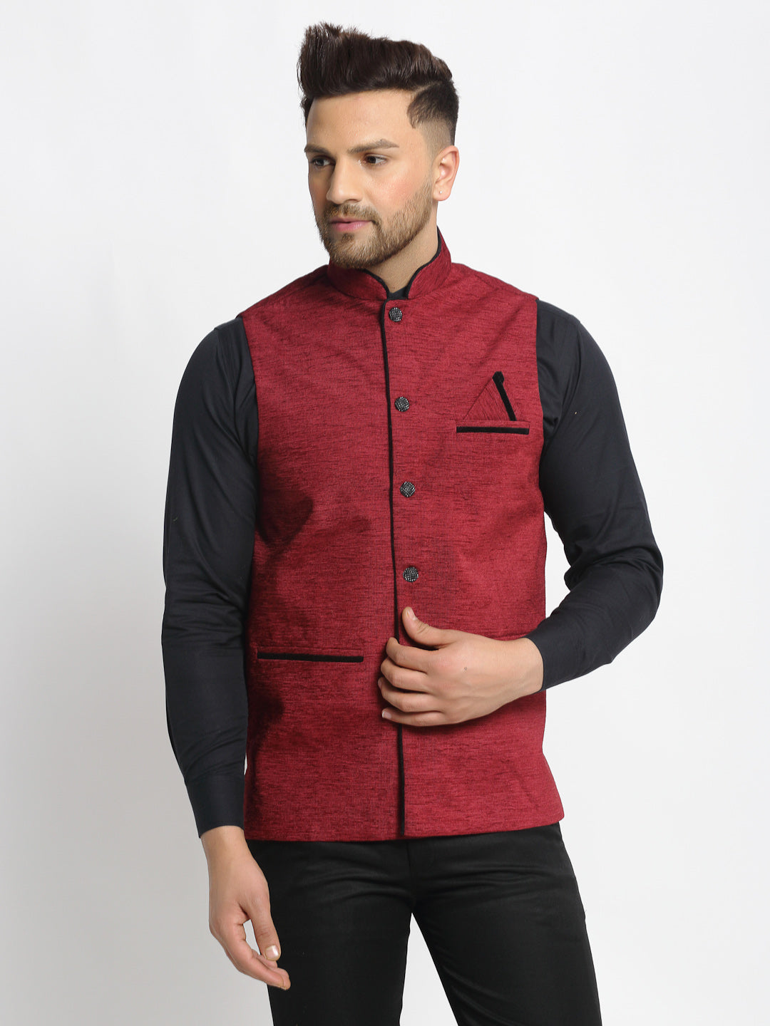 Men's Maroon Solid Nehru Jacket with Square Pocket ( JOWC 4024Maroon ) - Virat Fashions