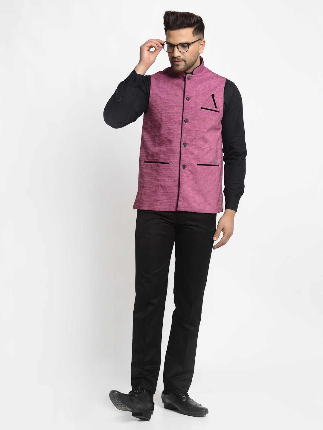 Men's Purple Solid Nehru Jacket with Square Pocket ( JOWC 4024Purple ) - Virat Fashions