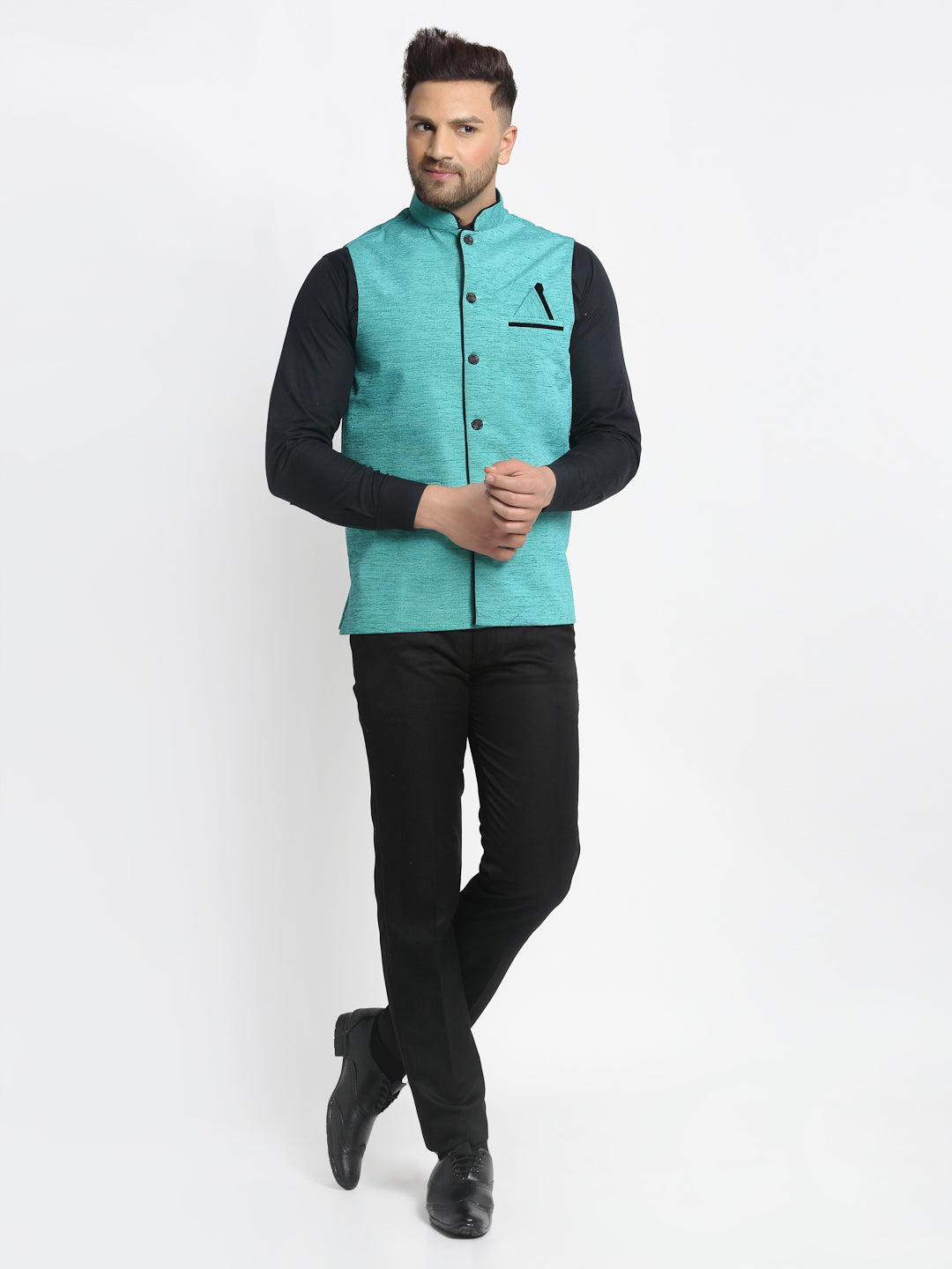 Men's Blue Solid Nehru Jacket with Square Pocket ( JOWC 4024Sky ) - Virat Fashions