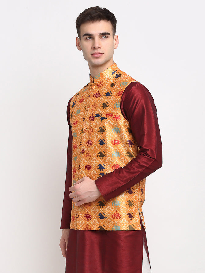 Men's Orange Digital Printed Orange Waistcoat ( JOWC 4025Orange ) - Virat Fashions