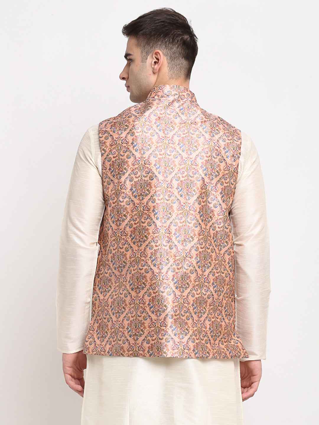 Men's Peach Digital Printed Peach Waistcoat ( JOWC 4025Peach ) - Virat Fashions