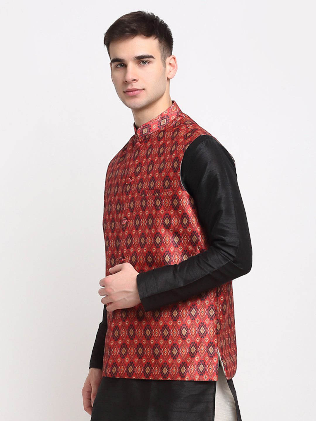 Men's Red Digital Printed Red Waistcoat ( JOWC 4025Red ) - Virat Fashions