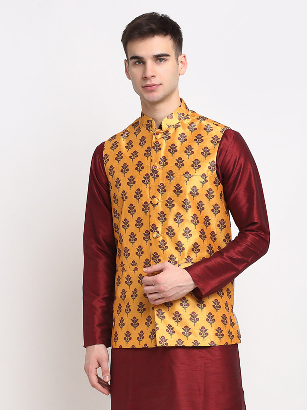 Men's Yellow Digital Printed Yellow Waistcoat ( JOWC 4025Yellow ) - Virat Fashions