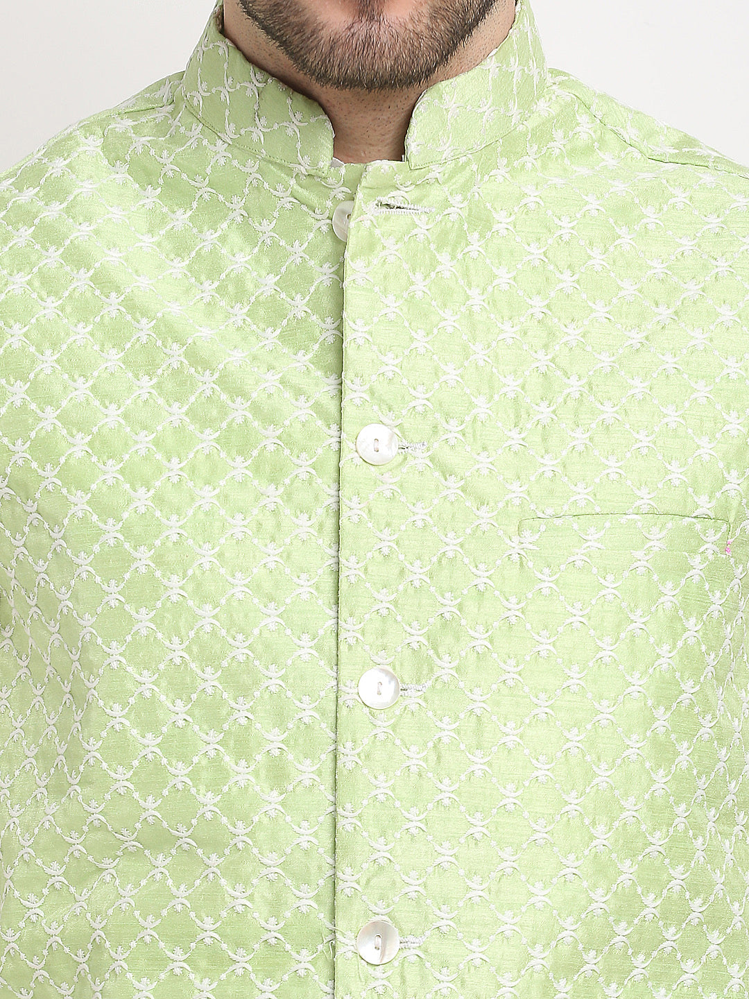 Men's Green Green and White Embroidered Nehru Jacket ( JOWC 4029Green ) - Virat Fashions