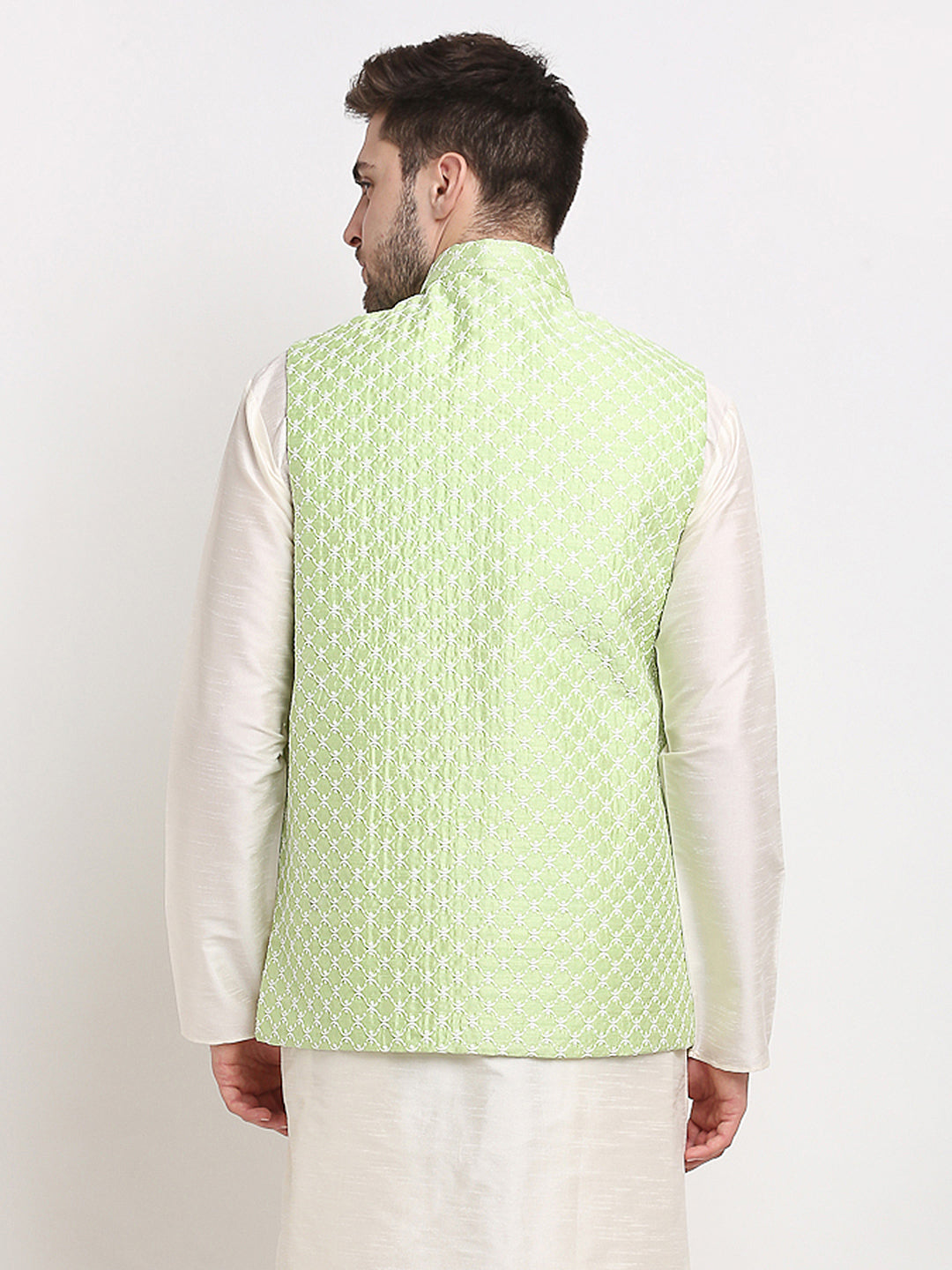 Men's Green Green and White Embroidered Nehru Jacket ( JOWC 4029Green ) - Virat Fashions