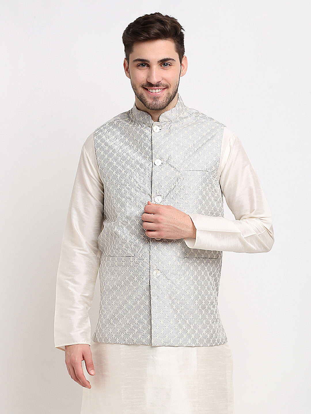 Men's Grey Grey and White Embroidered Nehru Jacket ( JOWC 4029Grey ) - Virat Fashions