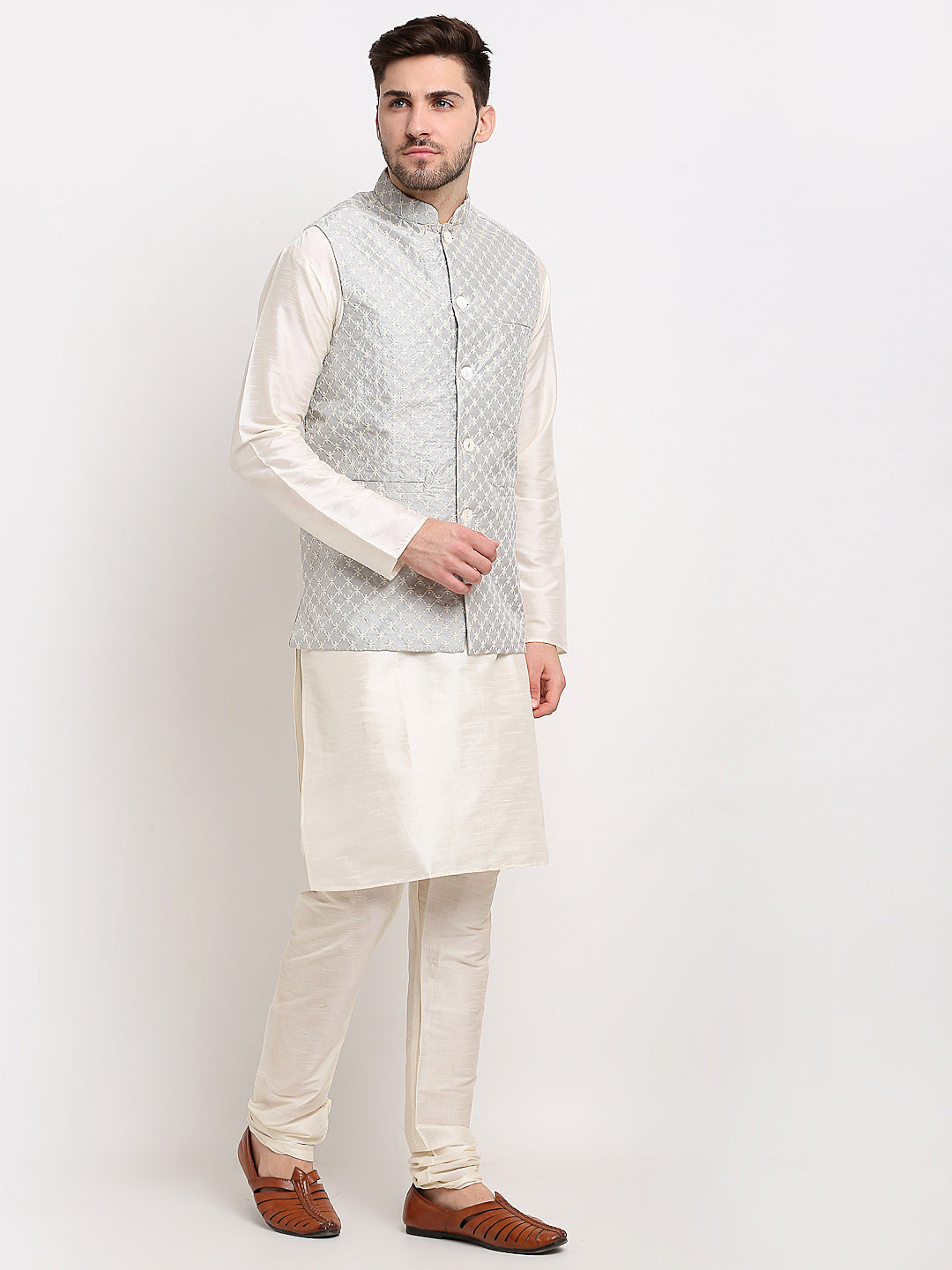 Men's Grey Grey and White Embroidered Nehru Jacket ( JOWC 4029Grey ) - Virat Fashions