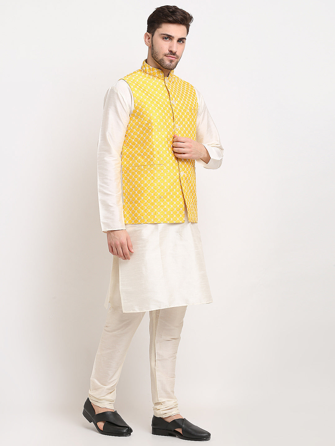 Men's Mustard Mustard and White Embroidered Nehru Jacket ( JOWC 4029Mustard ) - Virat Fashions