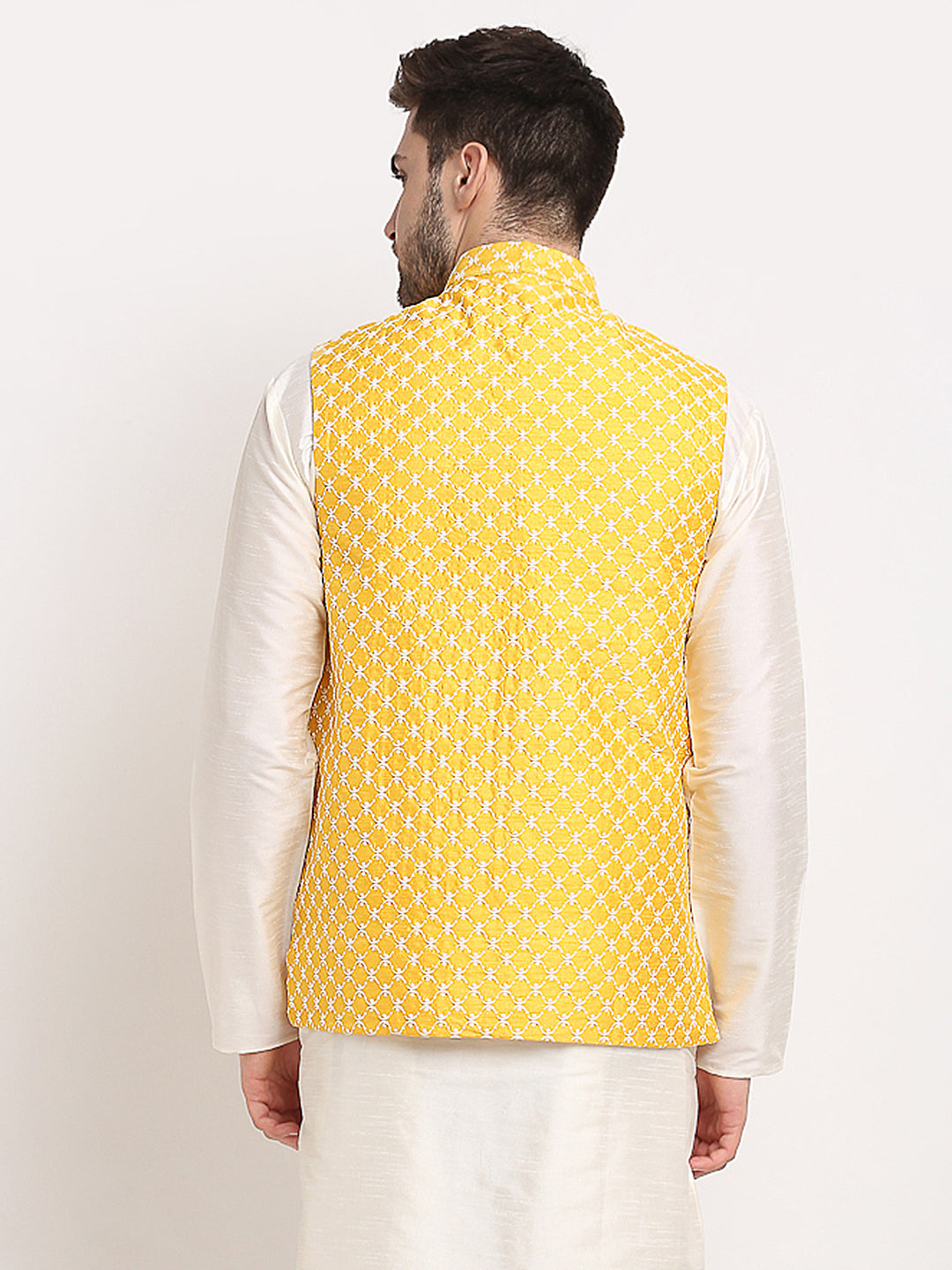 Men's Mustard Mustard and White Embroidered Nehru Jacket ( JOWC 4029Mustard ) - Virat Fashions