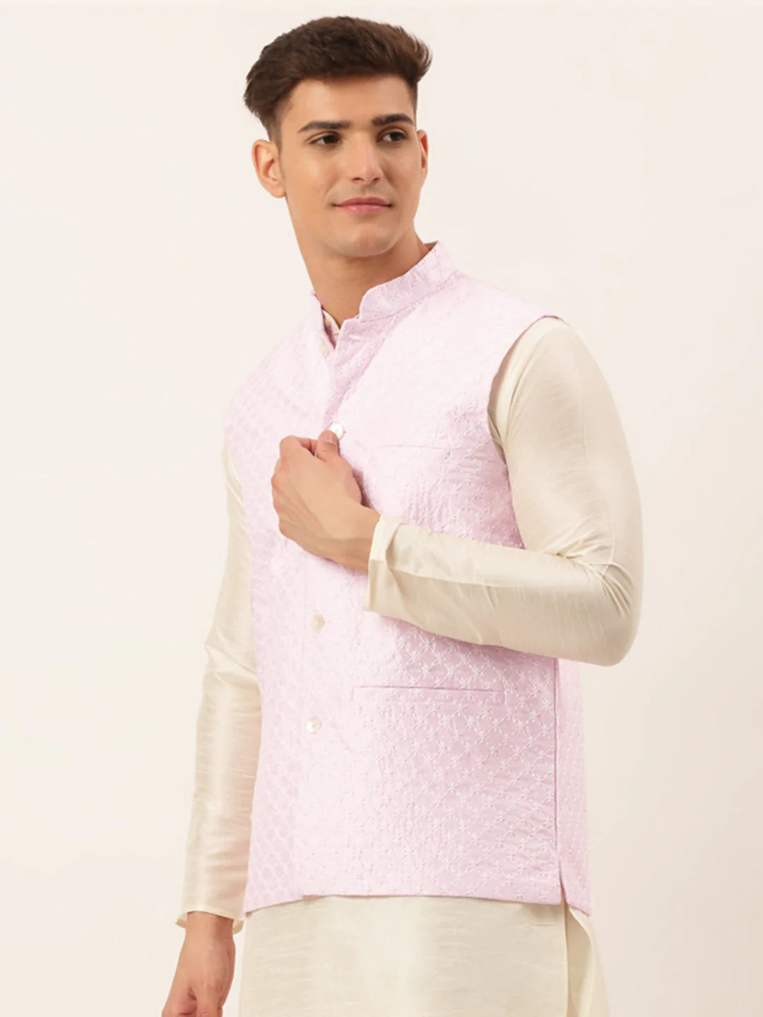 Men's Pink Pink and White Embroidered Nehru Jacket ( JOWC 4029 Pink ) - Virat Fashions