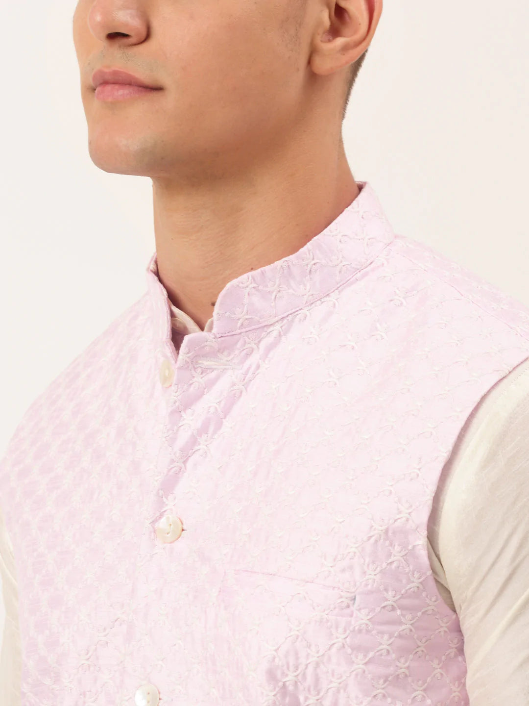 Men's Pink Pink and White Embroidered Nehru Jacket ( JOWC 4029 Pink ) - Virat Fashions