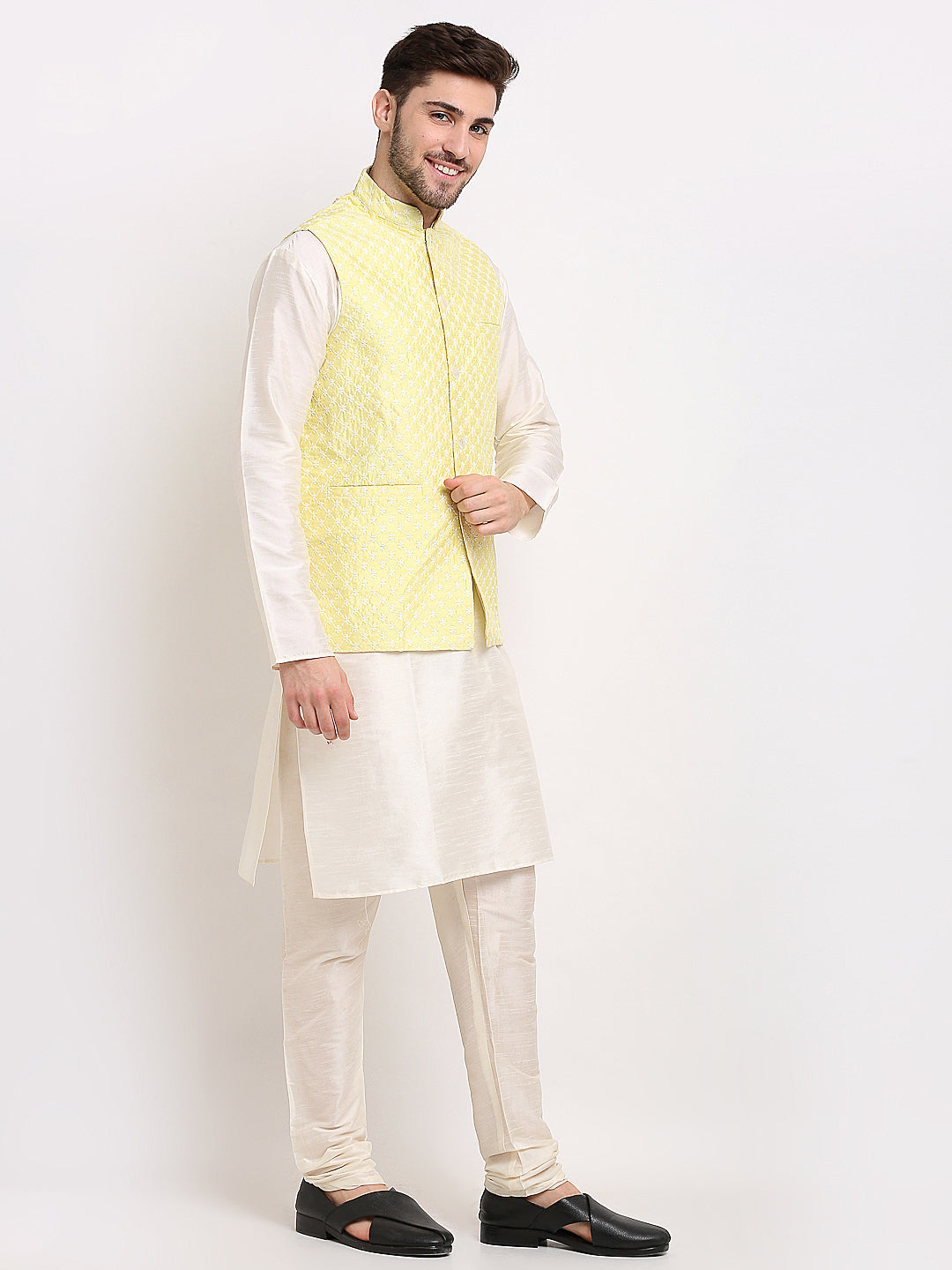 Men's Yellow Yellow and White Embroidered Nehru Jacket ( JOWC 4029Yellow ) - Virat Fashions