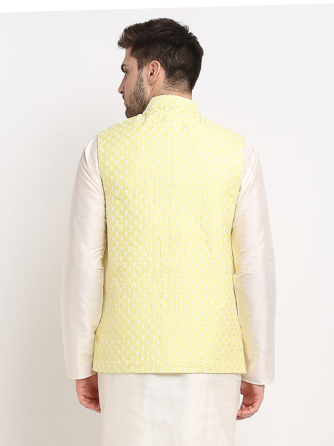 Men's Yellow Yellow and White Embroidered Nehru Jacket ( JOWC 4029Yellow ) - Virat Fashions
