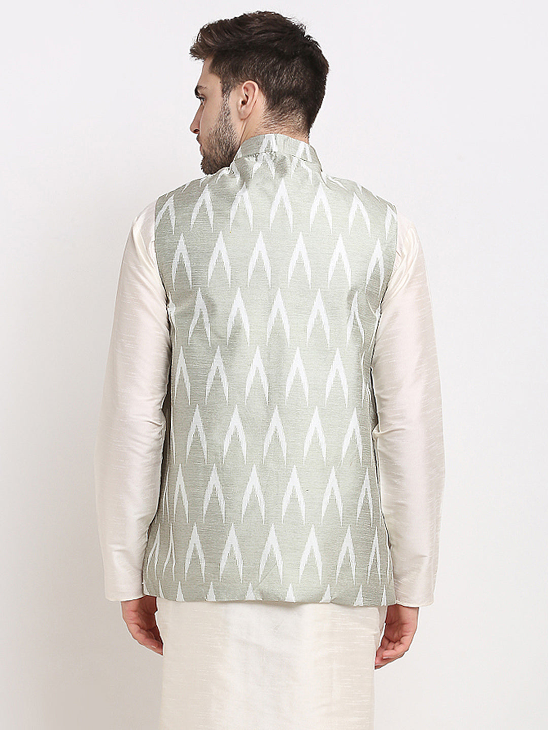 Men's Grey Ikat Printed Nehru Jacket ( JOWC 4030Grey ) - Virat Fashions