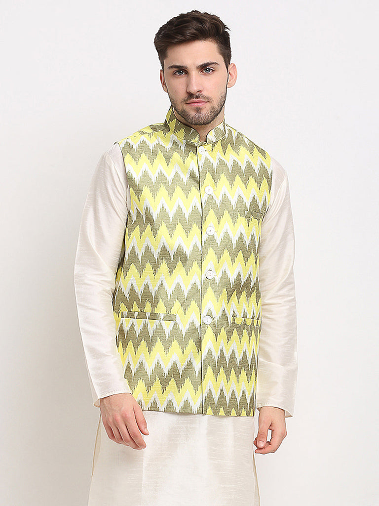 Men's Olive Ikat Printed Nehru Jacket ( JOWC 4030Multi-Olive )