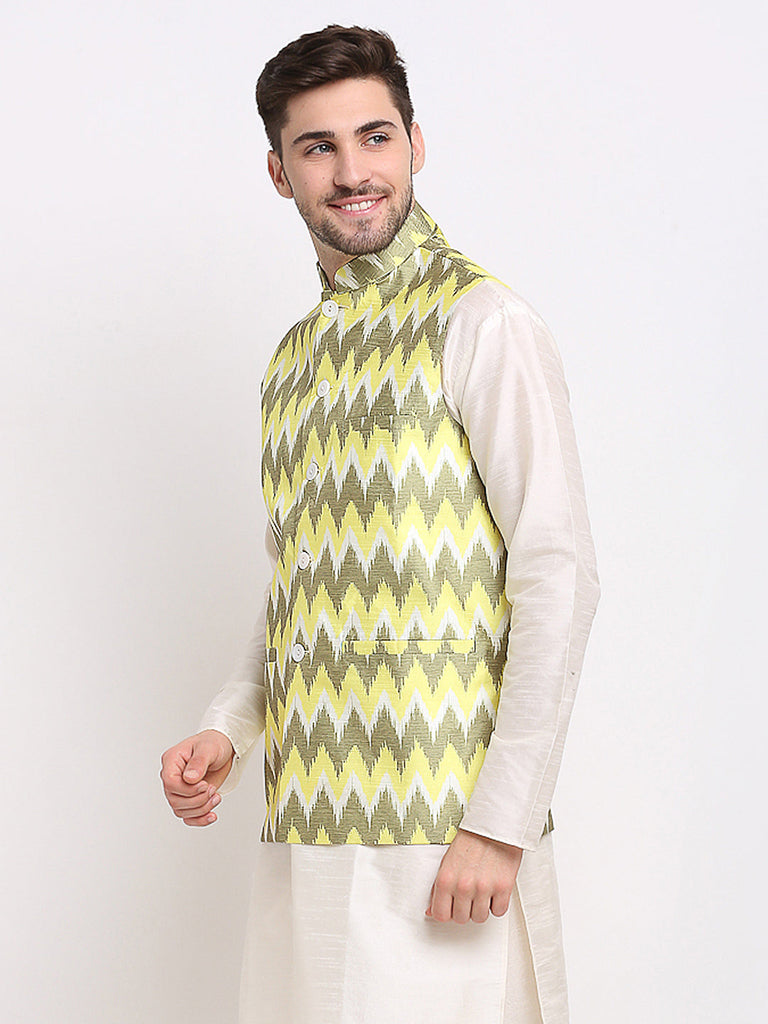 Men's Olive Ikat Printed Nehru Jacket ( JOWC 4030Multi-Olive )