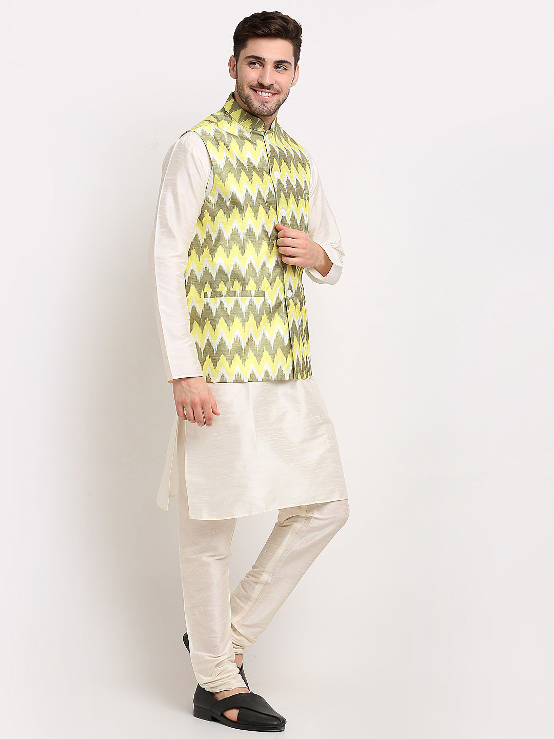 Men's Olive Ikat Printed Nehru Jacket ( JOWC 4030Multi-Olive ) - Virat Fashions