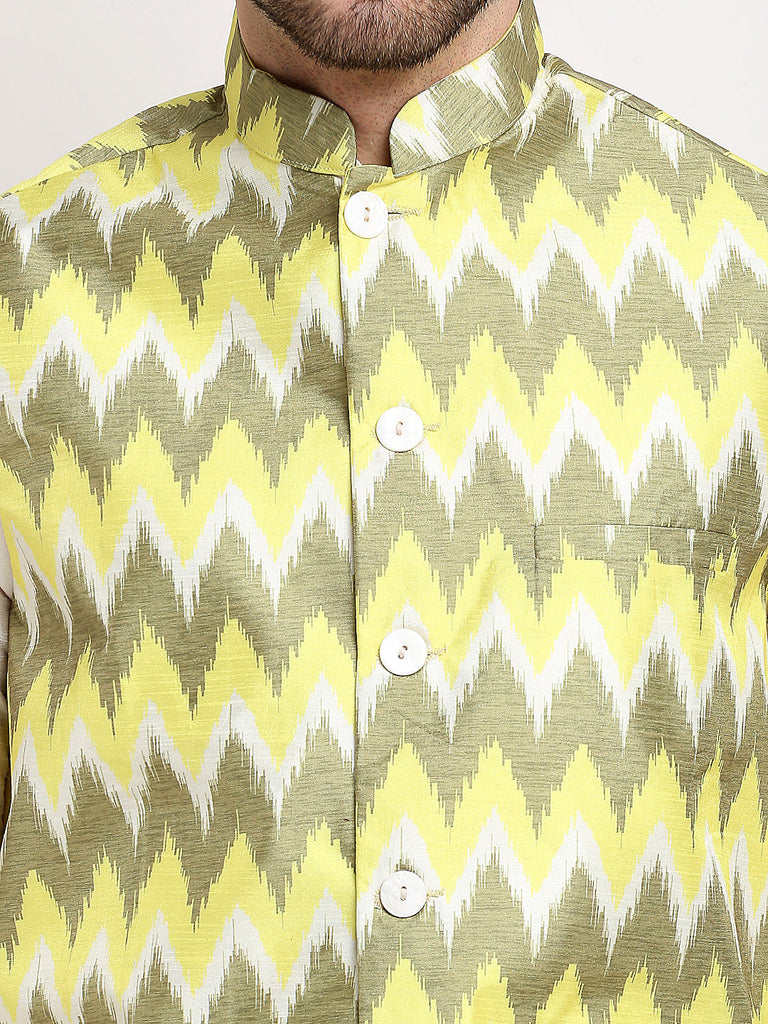 Men's Olive Ikat Printed Nehru Jacket ( JOWC 4030Multi-Olive )