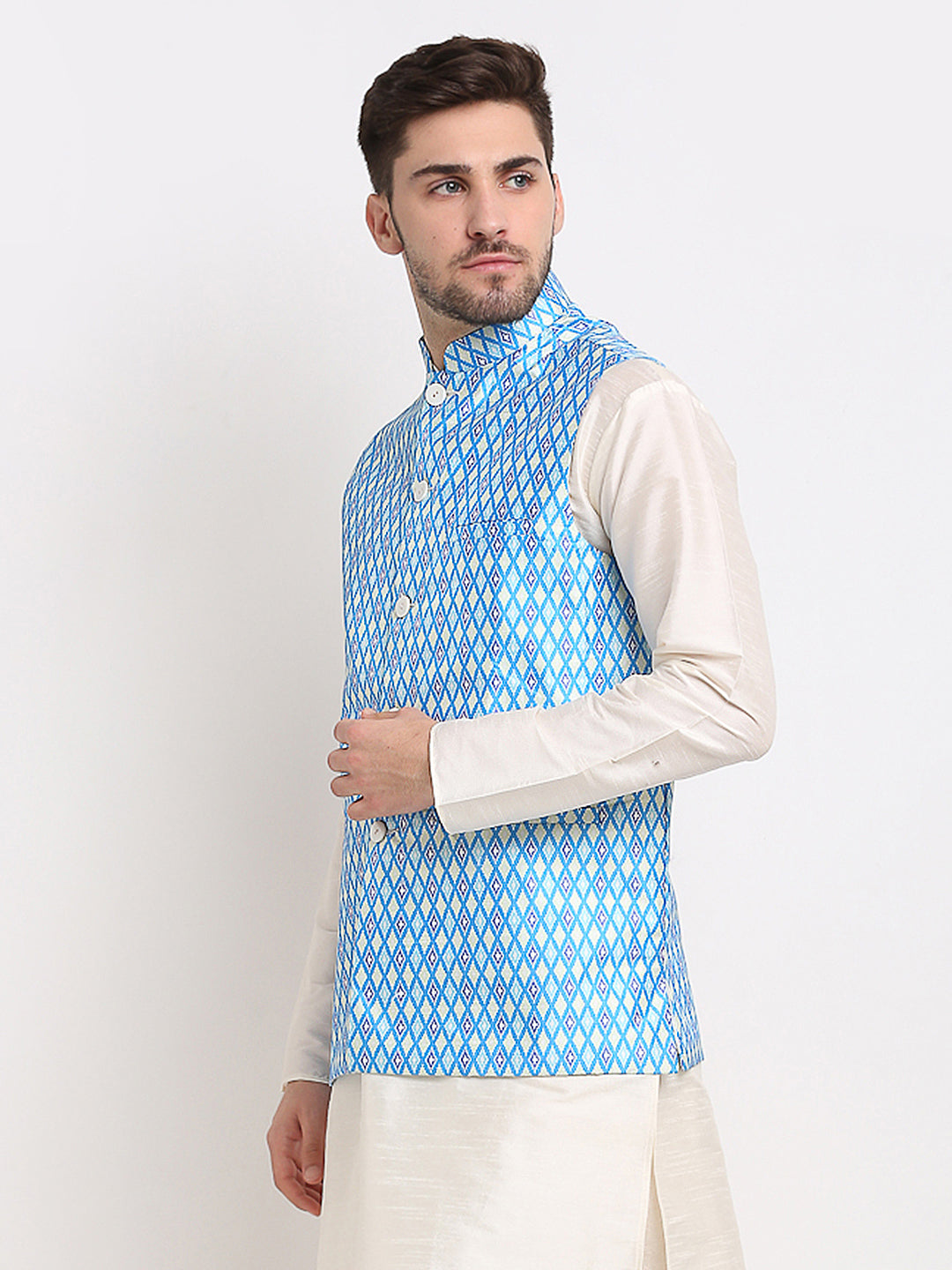 Men's Blue Ikat Printed Nehru Jacket ( JOWC 4030Sky ) - Virat Fashions