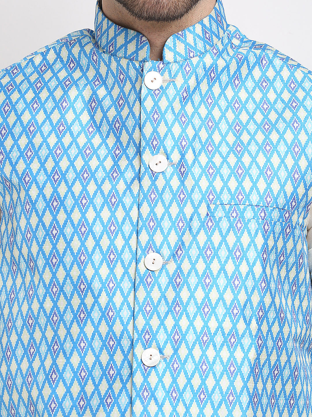Men's Blue Ikat Printed Nehru Jacket ( JOWC 4030Sky ) - Virat Fashions