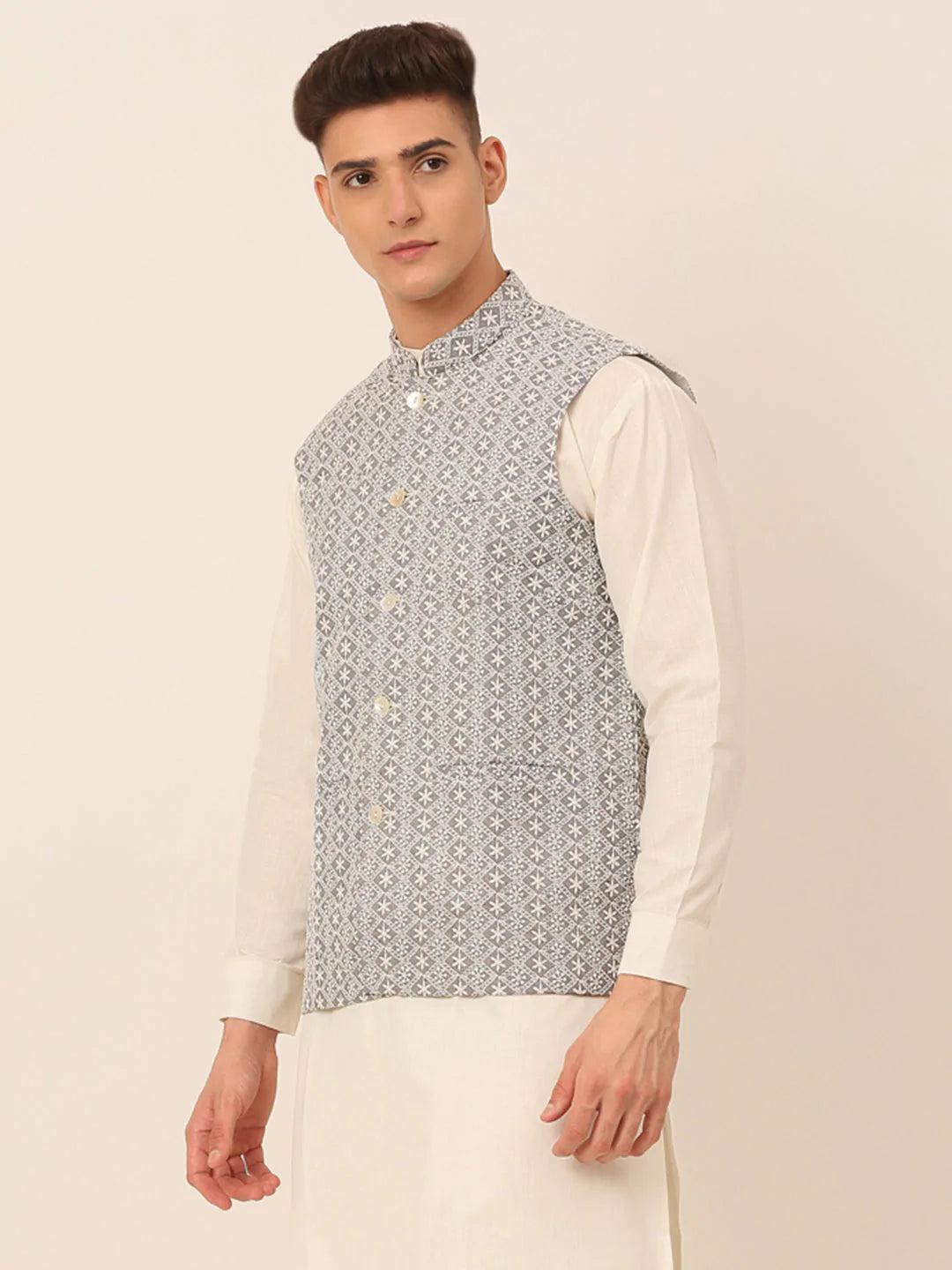 Men's Grey Embroidered Nehru Jackets ( JOWC 4041 Grey ) - Virat Fashions
