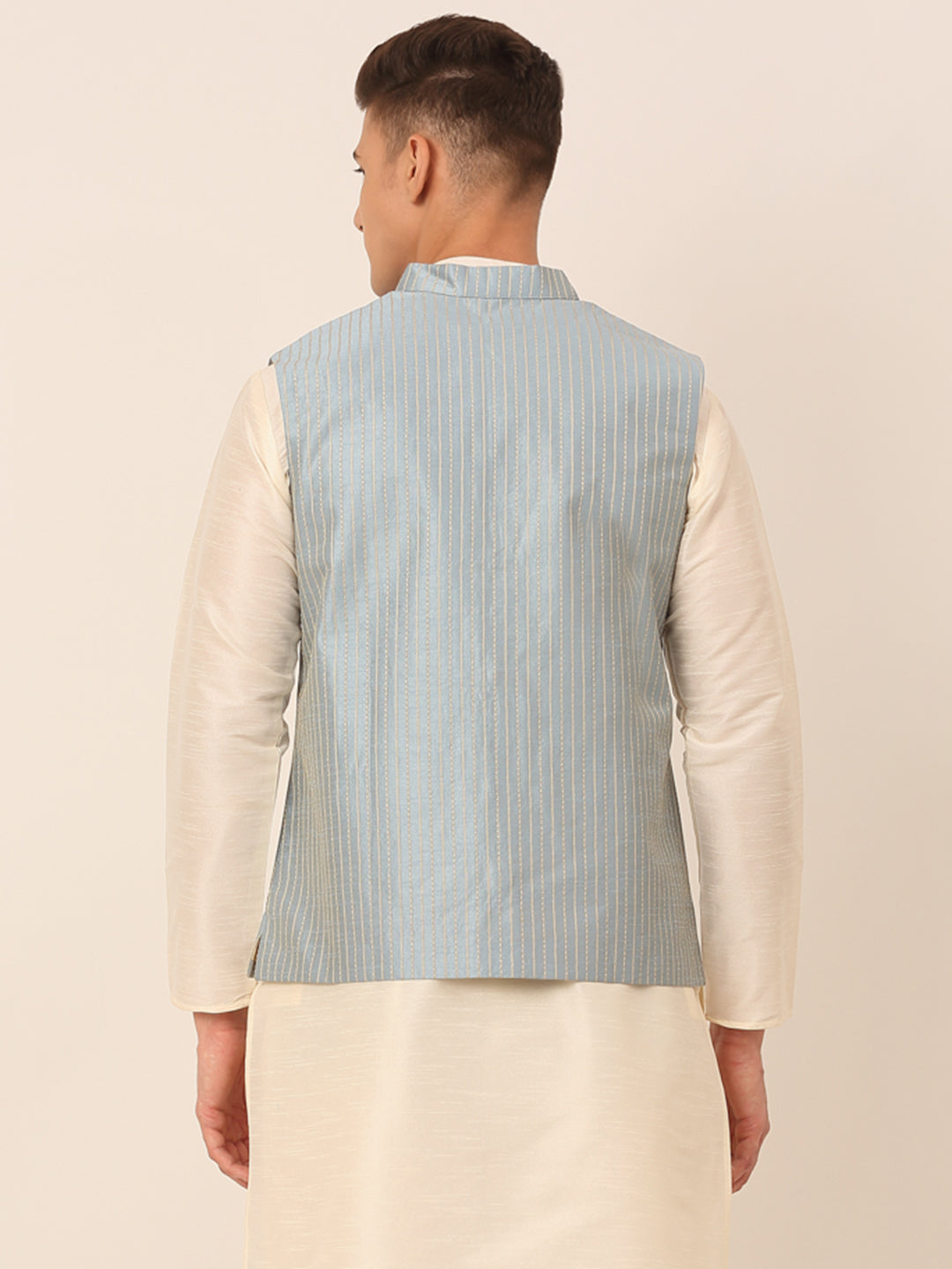 Men's Blue & Golden Embroidered Nehru Jackets ( Jowc 4043 Blue ) - Virat Fashions