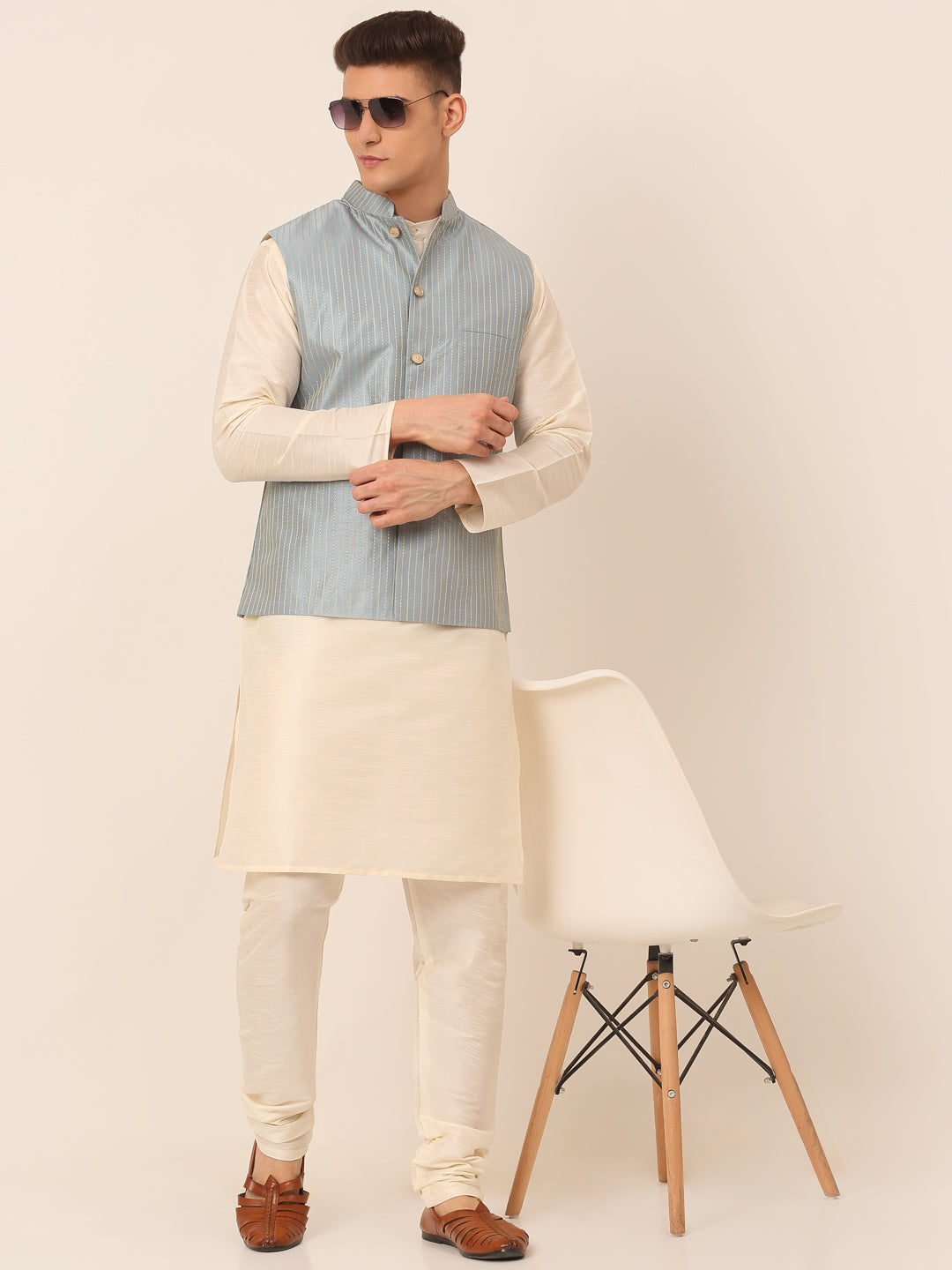 Men's Blue & Golden Embroidered Nehru Jackets ( Jowc 4043 Blue ) - Virat Fashions