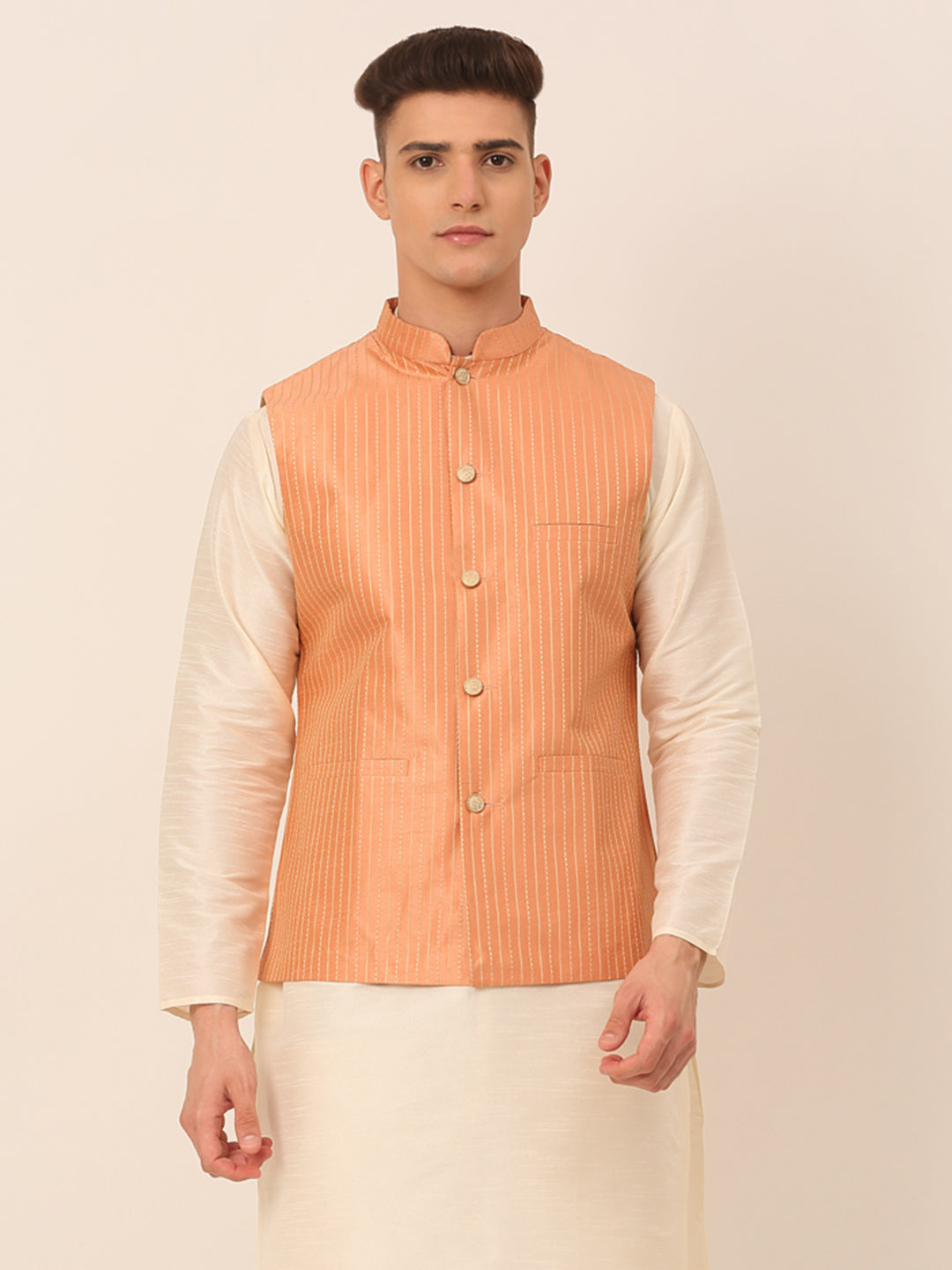 Men's Peach & Golden Embroidered Nehru Jackets ( Jowc 4043 Peach ) - Virat Fashions